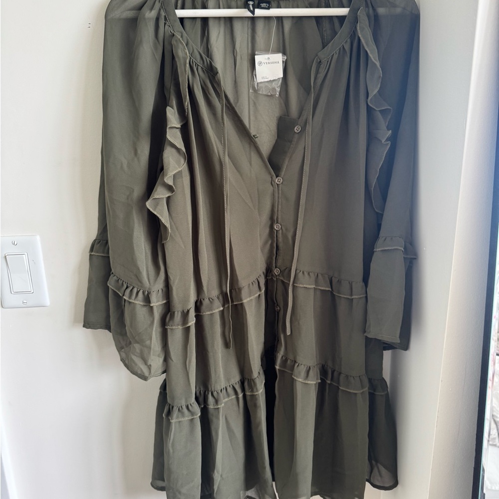 Versona Khaki Ruffle Button-Front Dress